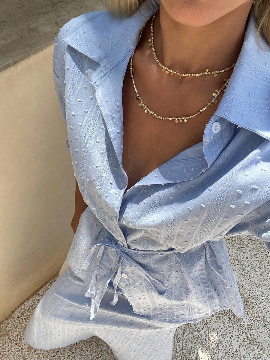 DAZY Conjunto de 2 piezas de camisa larga y falda azul, informal para primavera y verano, conjuntos de descanso para mujeres - Azul - Ver 1
