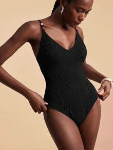Travachic Women's Summer Beach Vacation Textured Fabric Beaded Spaghetti Strap One-Piece Swimsuit - Black - View 3