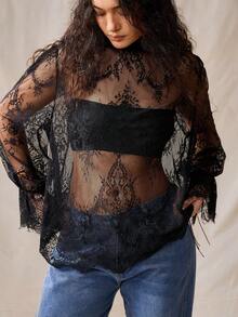 Nubod Plus Size Lace Fabric High Collar Long Sleeve Cuff Ruffle Asymmetrical Hem Fitted Sheer Blouse, Elegant For Outings, Dates, Parties, Beach Vacations - Black - View 1