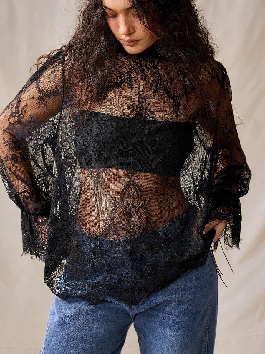 Nubod Plus Size Lace Fabric High Collar Long Sleeve Cuff Ruffle Asymmetrical Hem Fitted Sheer Blouse, Elegant For Outings, Dates, Parties, Beach Vacations - Black - View 1