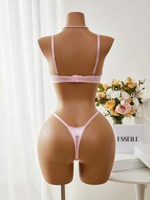 Esselle Bộ 2 món đồ lót gợi cảm thêu hoa lãng mạn dành cho nữ - Hồng - Xem 2