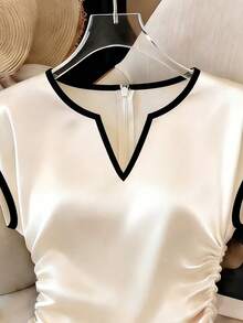 GlowEve Women's Apricot Base Black Trim Contrast Color Satin V-Neck Side Ruched Drawstring Elegant Short Sleeve Blouse For Summer - Apricot - View 4