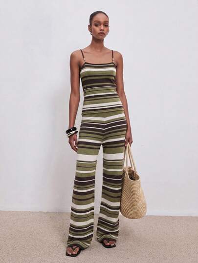 ATUI Studio Women's Colorful Striped Knit Two Piece Set – Beaded Strap Crop Top & High Waisted Shorts, Elegant Versatile Summer Outfit For Beach, Party & Vacation Casual Vacation Striped Outfit Resort Wear Cruise Outfit For Women 2 Piece Set