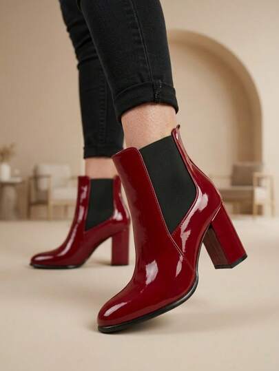 Botines rojos de charol para mujer, Botines estilo Chelsea con tacón grueso ideales para fiestas y para elevar tus looks de moda y fashionables, perfectos para la noche.