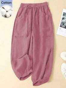 Linhara Plus Size Casual Solid Color Drawstring Pants - Pink - View 1