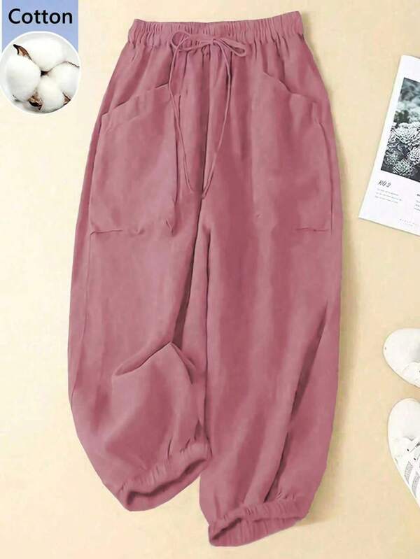 Linhara Plus Size Casual Solid Color Drawstring Pants