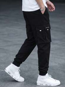 Manfinity Roghcode Men's Solid Color Slant Pocket Drawstring Waist Casual Cargo Pants - Black - View 5