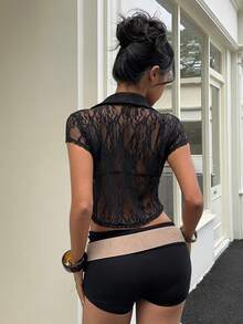Aloruh 女士夏季新款黑色优雅性感Y2K时尚蕾丝薄纱休闲上衣 - 黑色 - 查看 3