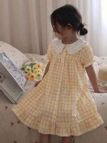 Vestido de manga corta con abertura frontal para bebé niña, 1 pieza, tela tejida, vestido casual de estilo lindo, estampado a cuadros, verano - Amarillo - Ver 3