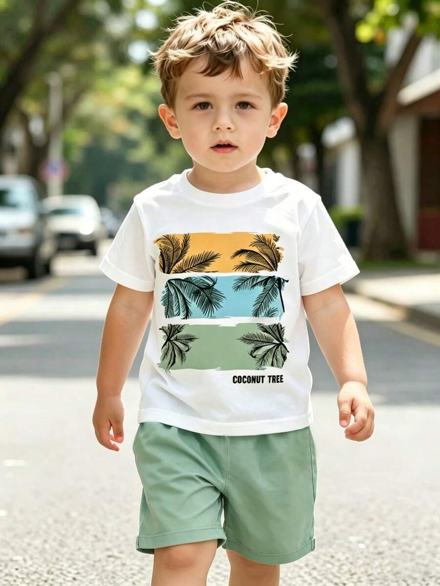 SHEIN Streecool Kids 2pcs/Set Young Boy Leaf Print Contrast Color Round Neck Short Sleeve T-Shirt And Solid Color Shorts - Green - View 1
