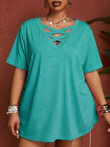 SHEIN CURVE+ Plus Size Women's Solid Fuchsia V-Neck Short Sleeve T-Shirt, Summer - Green - View 5