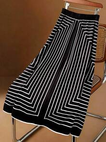 Formidée Plus Size Black & White Striped A-Line Skirt, Summer Fall - Black - View 4
