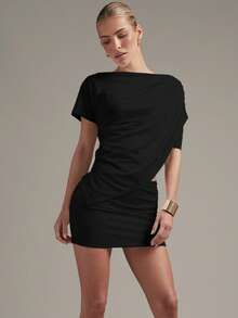 Hauture Women's Sexy Asym Tee Shirt Skirt Co-Ord Matching Set Sexy Office Wear - Black - View 2