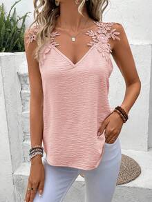 SHEIN Frenchy Áo ba lỗ bằng vải ren cổ chữ V có đính ren gu guin - Màu Hồng  Dưa hấu - Xem 3