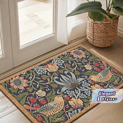 SHEIN Symmetrical Floral And Bird Design Welcome Doormat, Non-Slip Rubber Backed Polyester Floor Mat, Lightweight, Machine Washable, Braided, Decorative Rug With For Home, Bedroom, Kitchen, Hallway, Entryway
