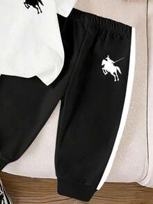 Souflis Souflis 2pcs/Set Young Boy's Casual Cowboy Logo Graphic Short Sleeve T-Shirt And Relaxed Fit Sweatpants Set,Stylish White Summer Vacation Kids Clothes Set - Multicolor - View 3
