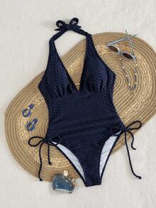 Swim Lushoire Traje de baño de una pieza de color azul marino sólido para vacaciones de verano y uso casual en la playa para mujeres, conjunto de traje de baño con textura y atar al cuello - Azul Marino - Ver 6
