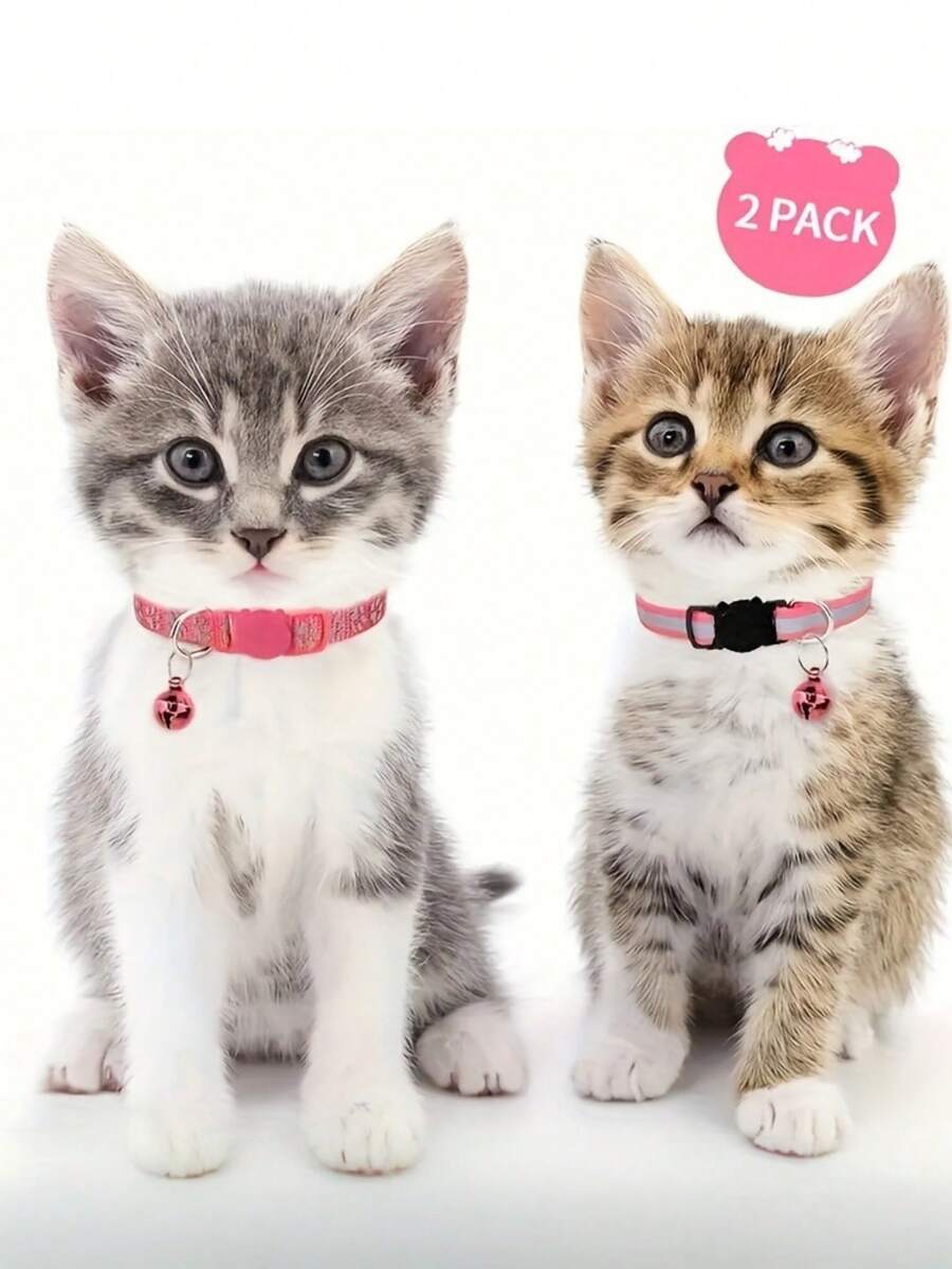 2pcs Pink Reflective Anti-LostPet Collarfor SmallAnd Medium DogsAnd Cats ReflectiveSmall AnimalCollarsPrint Pawprint Bell Collar Catbuckle Collar - Pink - View 1
