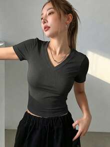 DAZY Women's Casual Solid Color Short Sleeve T-Shirt, Versatile For Summer - Black - View 5