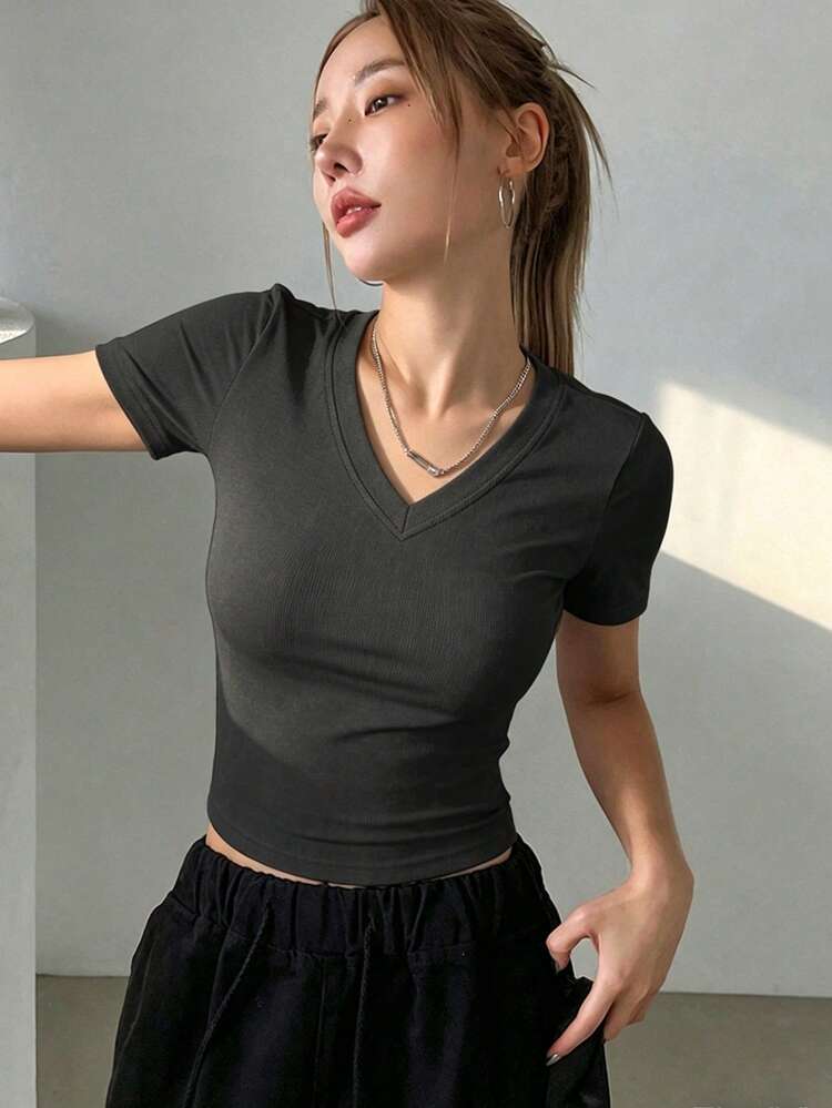 Women's Casual Solid Color Short Sleeve T-Shirt, Versatile For Summer