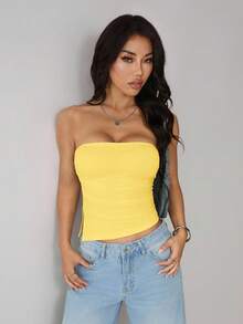SHEIN PETITE 女款純色百褶休閒百搭日常穿搭抹胸上衣，夏季上衣，適合嬌小女性 - 黃色 - 查看 7