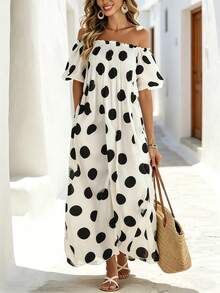 Breezaya Vestido casual de vacaciones minimalista con hombros descubiertos para mujer - Blanco y Negro - Ver 1