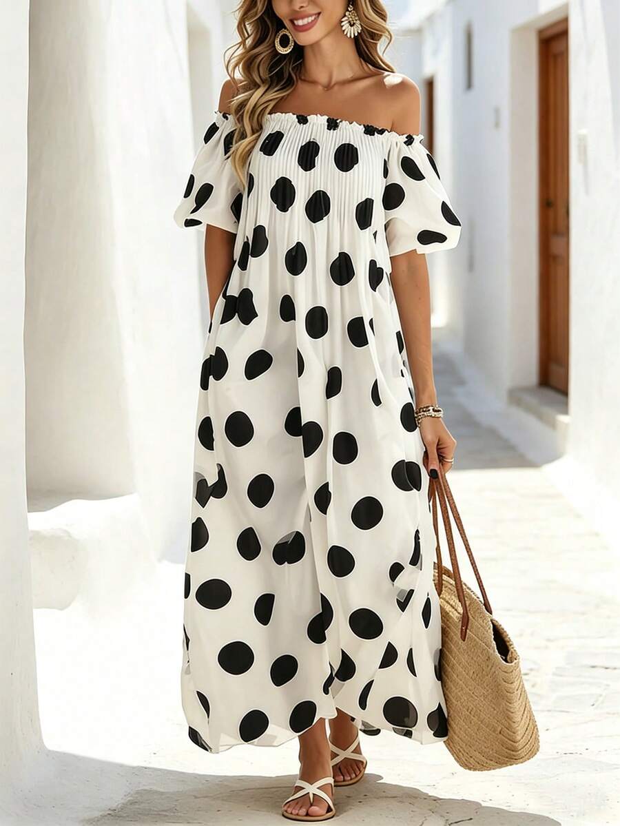 Breezaya Vestido casual de vacaciones minimalista con hombros descubiertos para mujer - Blanco y Negro - Ver 1