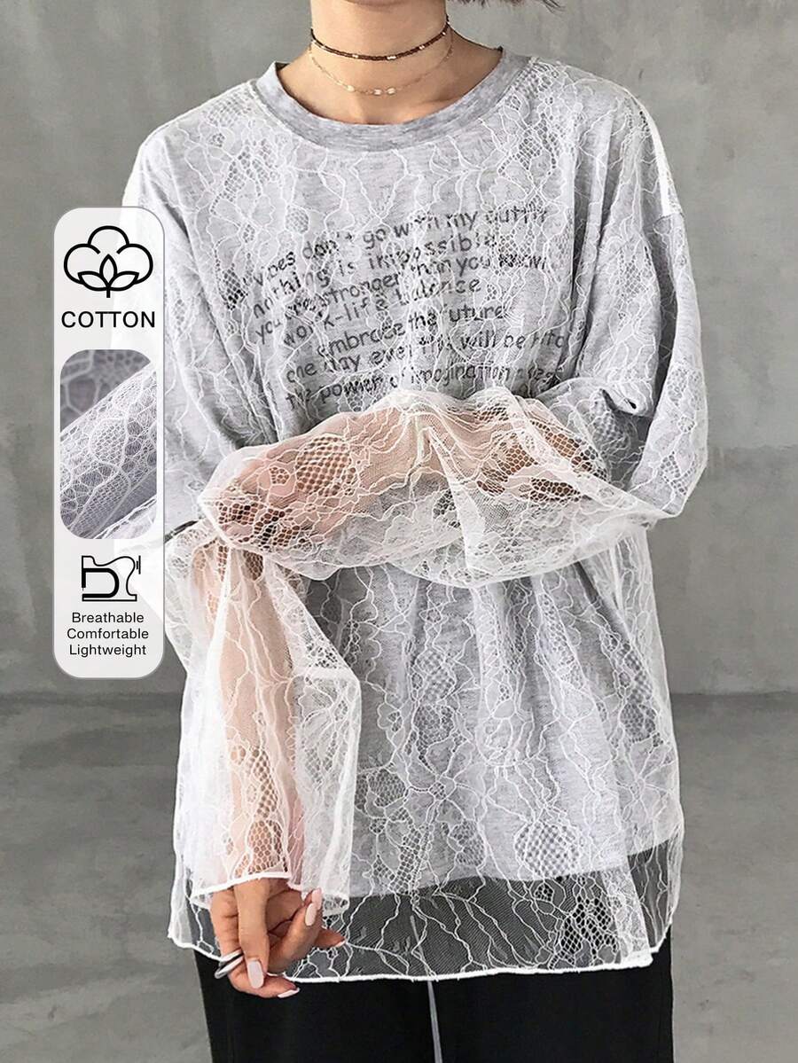 FRIFUL Women's Slogan Print Contrast Lace Round Neck Long Sleeve T-Shirt - Light Grey - View 1