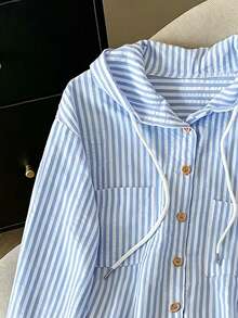 Resyla New Women Casual Loose Striped Hooded Long Sleeve Shirt - Blue - View 4