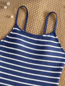 SHEIN Tween Girl Colorblock Striped Print Casual One-Piece Swimsuit - Navy Blue - View 3
