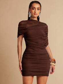 Silquee Women's Asymmetrical Ruched Collar Sleeveless Short Dress, Spring/Summer - Brown - View 1