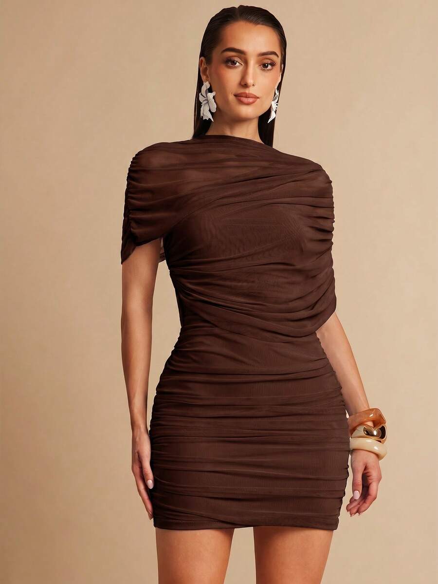 Silquee Women's Asymmetrical Ruched Collar Sleeveless Short Dress, Spring/Summer - Brown - View 1