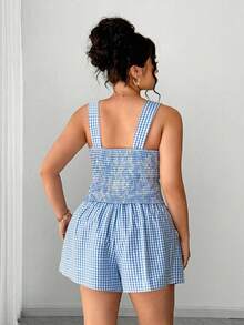 Elenzga 2-teiliges Damen-Set in Große Größen, sexy Urlaubs-Look, blau kariertes Camisole-Top und Shorts mit elastischem Bund und asymmetrischem Saum - Blau - Übersicht 2