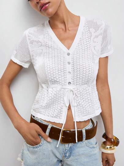 Maija Women's Fashion Versatile Embroidered Sheer Tie-Up Button Short Sleeve Blouse,Going Out Outfits ,Summer Holiday Outfits,White Top