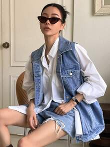 DAZY 女士夏季时尚水洗前襟纽扣翻盖细节无袖牛仔外套 - 藍色 - 查看 6