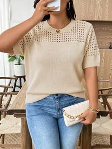 EMERY ROSE Große Größen Lässig Bluse mit Rundhalsausschnitt und kurzen Ärmeln mit Cut-Out-Muster - Aprikosenfarben - Übersicht 5