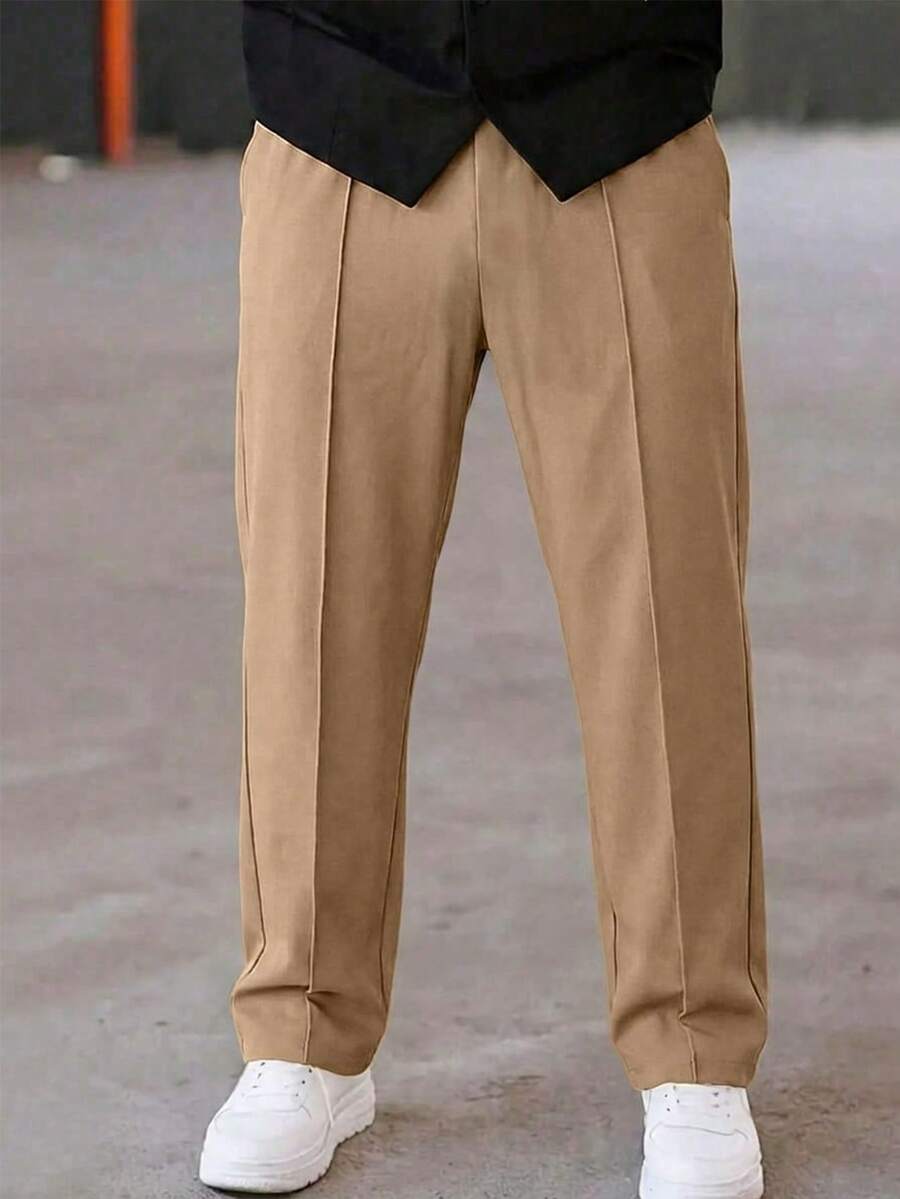 SHEIN Celana Kasual Musim Panas Warna Khaki untuk Anak Laki-Laki Remaja, Celana Panjang Polos dengan Hiasan Lipit dan Tali Serut di Pinggang Elastis untuk Musim Gugur, Musim Semi, dan Musim Dingin - Unta - View 1