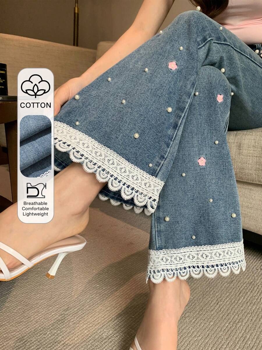 DAZY 女士蕾丝拼接花卉刺绣喇叭牛仔裤,镂空仿珍珠装饰,性感喇叭裤,适合音乐节、夏季、秋季、春季休闲穿着,Y2K风格 - 藍色 - 查看 1
