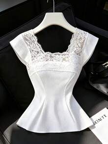 Modelyn White Floral Square Collar Lace Patchwork Textured Open Back Slim Fit Elegant Romantic Sexy Blouse For Women Garden Party Tea Party Wedding Summer - White - View 2