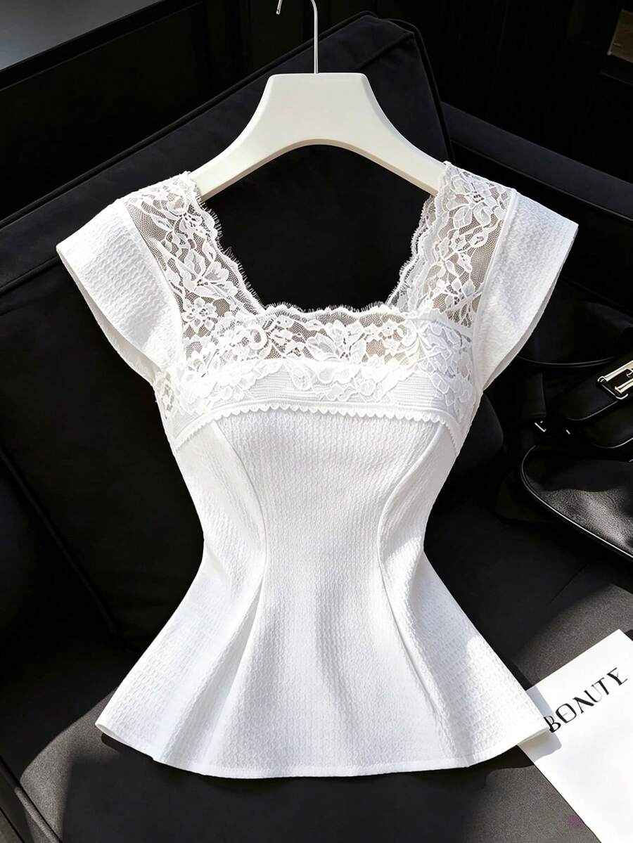 Modelyn White Floral Square Collar Lace Patchwork Textured Open Back Slim Fit Elegant Romantic Sexy Blouse For Women Garden Party Tea Party Wedding Summer