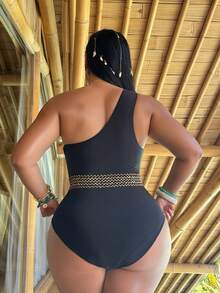 Swim SXY 大码女士连体拼接彩色泳衣，适合海滩度假、泳池派对、沙滩派对 - 黑色 - 查看 2