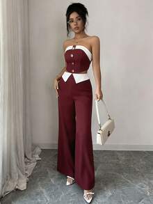 Elenzga Women's Burgundy 2-Piece Set,Elegant Off Shoulder Metal Buckle Top And Wide Leg Pants,Summer Party Evening Holiday,New Year Christmas Valentine Wear - Red - View 3