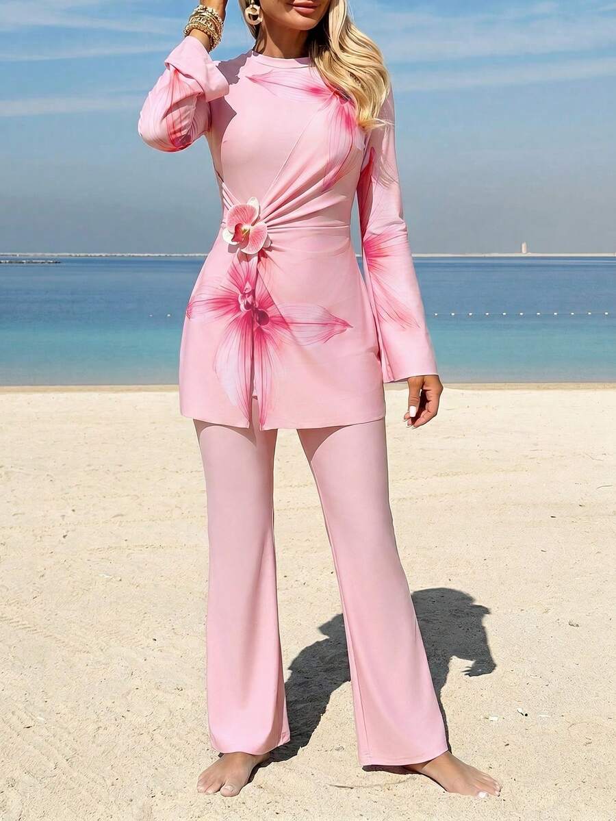 Swim Shayni 新款夏季女式圆领喇叭袖收腰褶皱印花连衣裙,搭配粉色喇叭裤,可爱时尚,适合度假、旅行、派对、海滩等场合。 - 粉色 - 查看 1