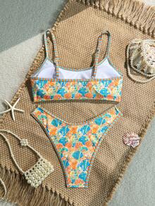 Swim Mod Set de 2 piezas de bikini para mujer, elementos aleatorios de colores del océano y correa con conchas, diseño con ribete geométrico de contraste - Multicolor - Ver 2