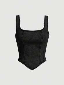 SHEIN MOD 女款純色方領休閒不對稱下擺牛仔上衣，適合夏季 - 黑色 - 查看 1