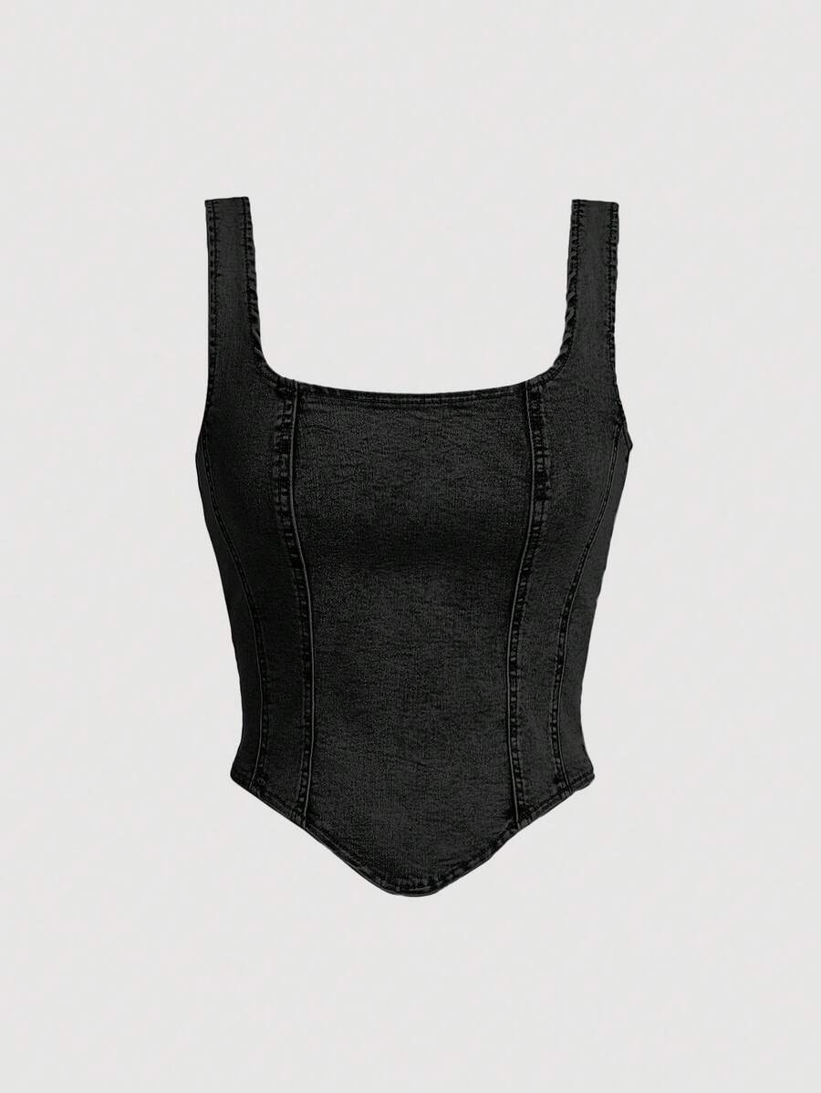 SHEIN MOD 女款純色方領休閒不對稱下擺牛仔上衣，適合夏季 - 黑色 - 查看 1