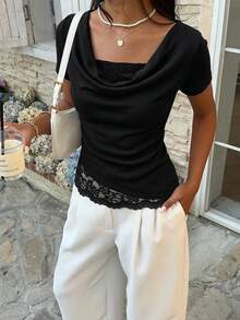 Serisse Women's Elegant Solid Color Lace Patchwork T-Shirt, Summer,Summer Top - Black - View 4