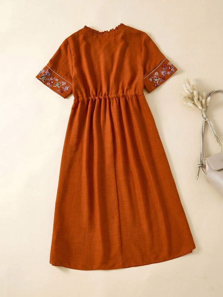 Plus Size Summer Elegant Floral Embroidery Frill Trim Drawstring Waist Dress Summer Summer Outfit For Women Festival Outfits For Women Beach Outfits For Women Vacation Outfits Women Holiday Outfits  For Women Country Concert Outfit Summer Dress