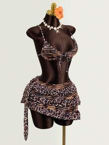 Zestiva Traje de baño de 3 piezas con estampado de leopardo 2026, conjunto de bikini sexy para mujer, vestido de playa - Multicolor - Ver 4