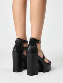 ROMWE Damen Mode sexy schwarze und rote Zweifarbige Peep Zehen Offene Zehensandalen mit hohem Absatz, Punk Stil Gothic Eleganz Kreuzgurt Metall Quadratische Schnalle Elastischer Knöchelriemen Reißverschluss Geschlossenes Design Schlüpfen, Dicker Absatz Frühling Sommer Nachtclub Party Festival Damenschuhe Sommerschuhe - Schwarz - Übersicht 5